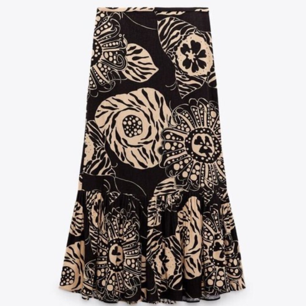 NWT Zara Women’s Linen Blend Elegant Print Midi Skirt Brown/Tan Large